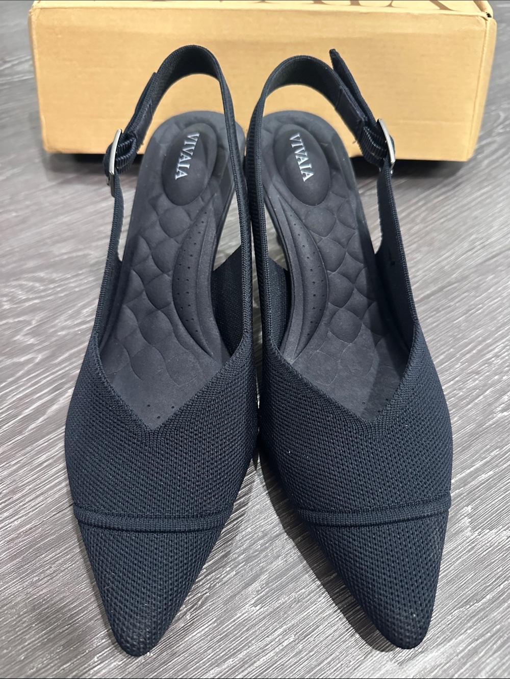 New Navy Pointed Knit Slingback Heels